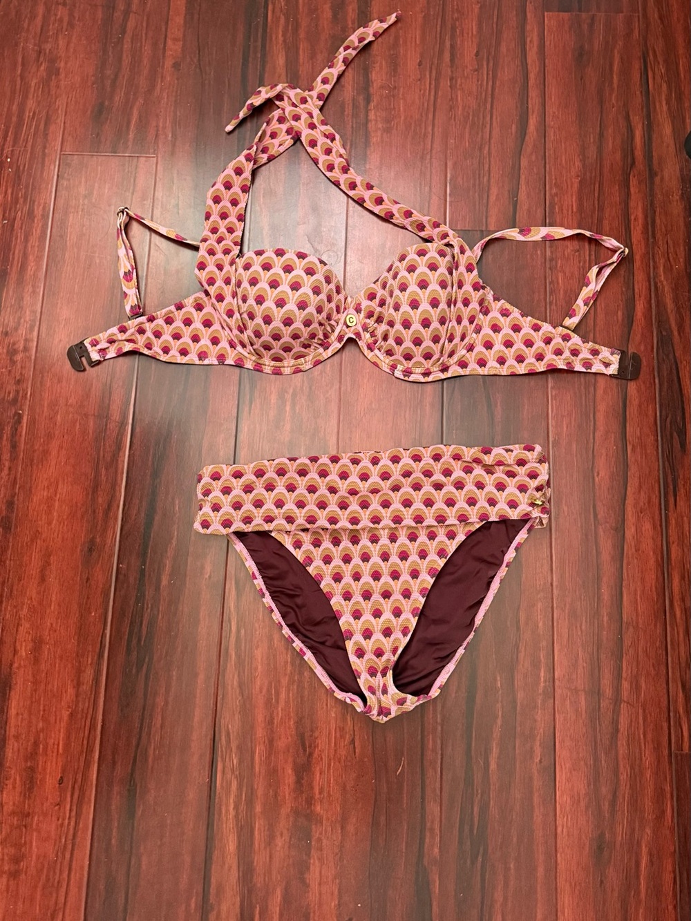 Pink and Burgundy Patterned Two-Piece Bikini